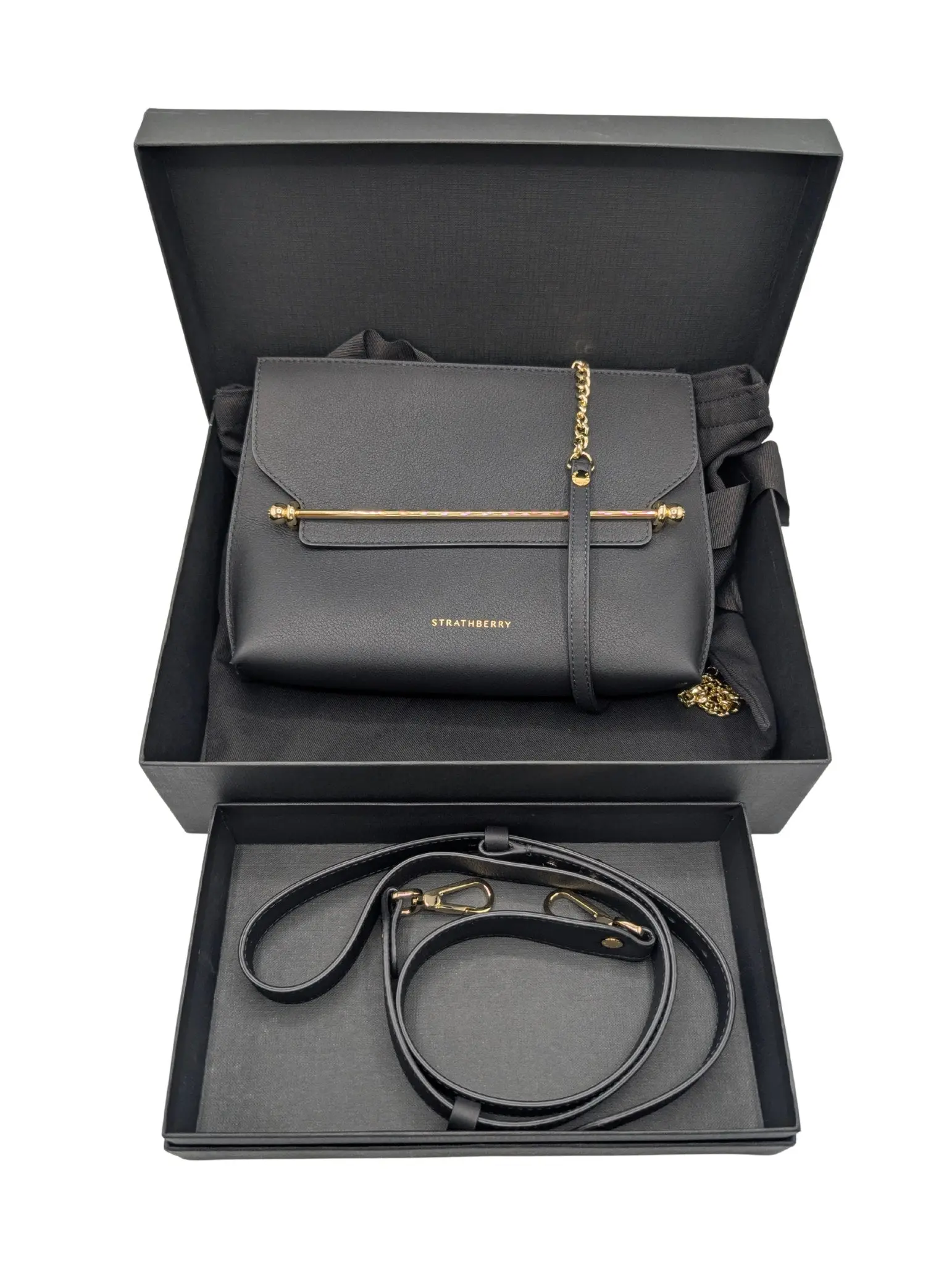 Strathberry Stylist Bar Black Leather Clutch Chain Crossbody