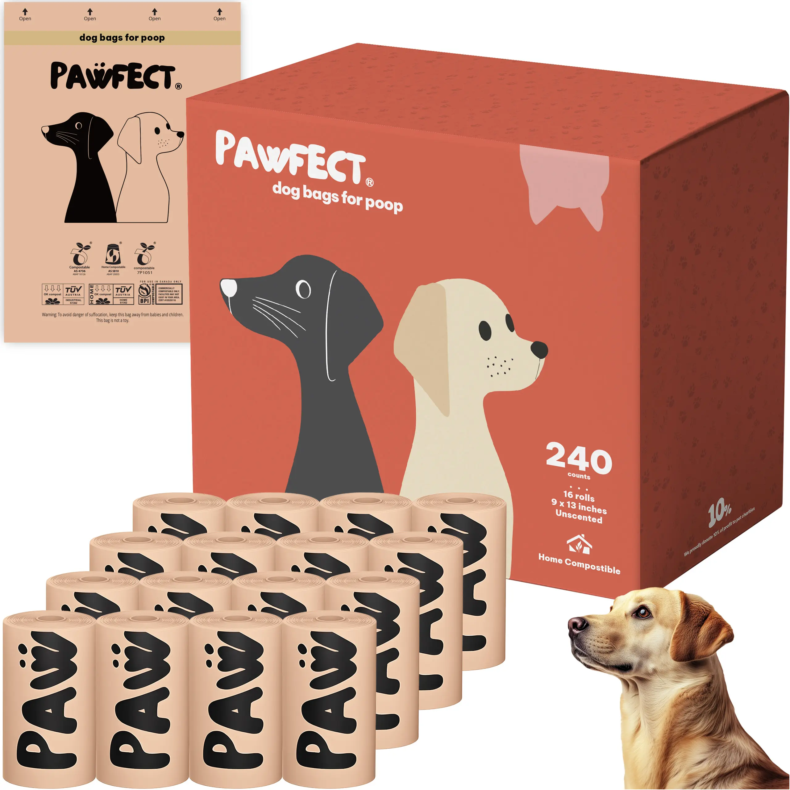 Pawfect Dog Poop Bags Rolls – Biodegradable Poop Bags, Compostable Dog Waste Bags, BPI Certified Pet Waste Bags, Unscented, Large, Puppy Poo, Earth Friendly, Bolsas Para Perros Popo