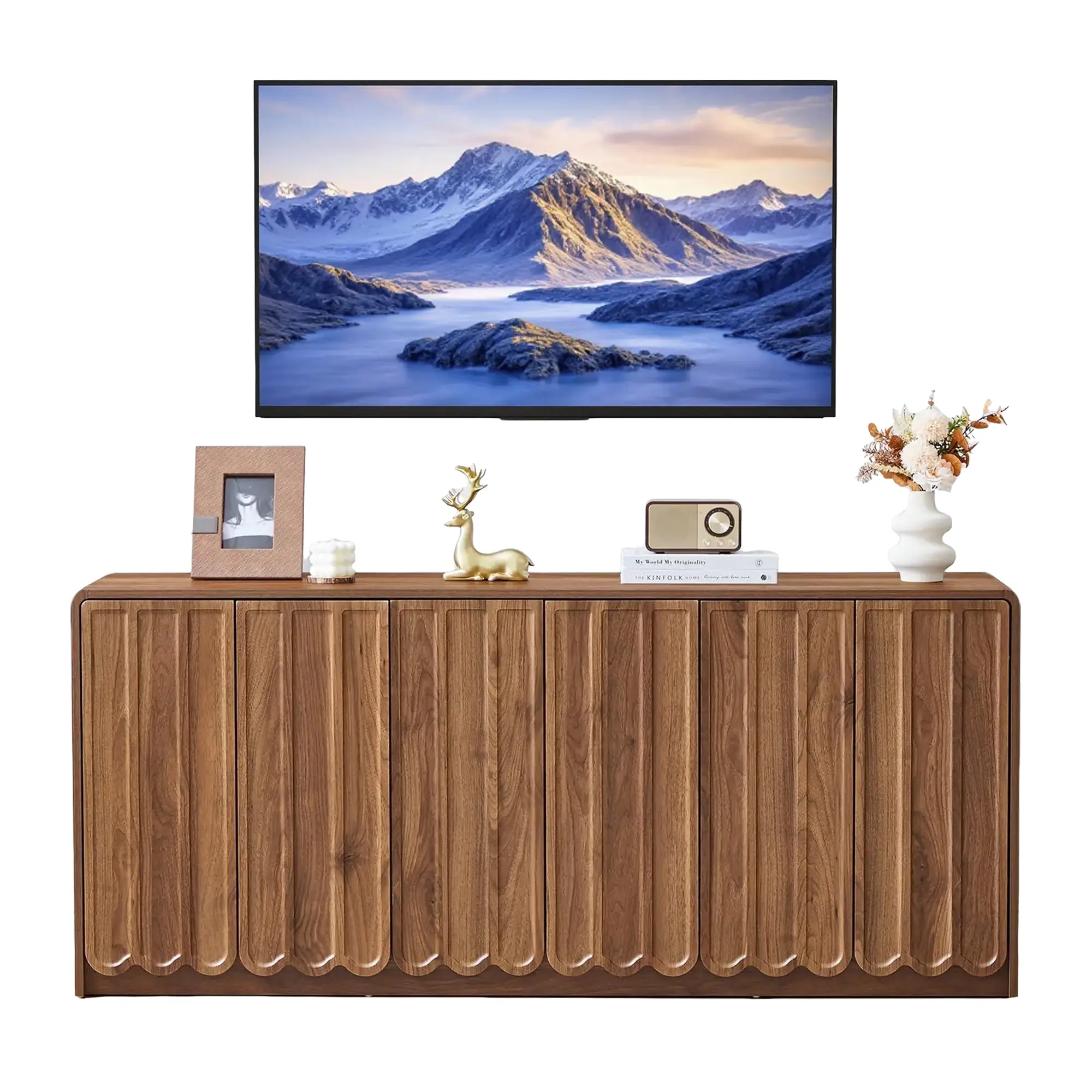 Giratree 63" Sideboard Buffet Cabinet with Storage, Low Storage Cabinet Modern Wooden Accent Credenza Console Table TV Stand with 6 Wave Panel Doors for Kitchen Dining Living Room Entryway