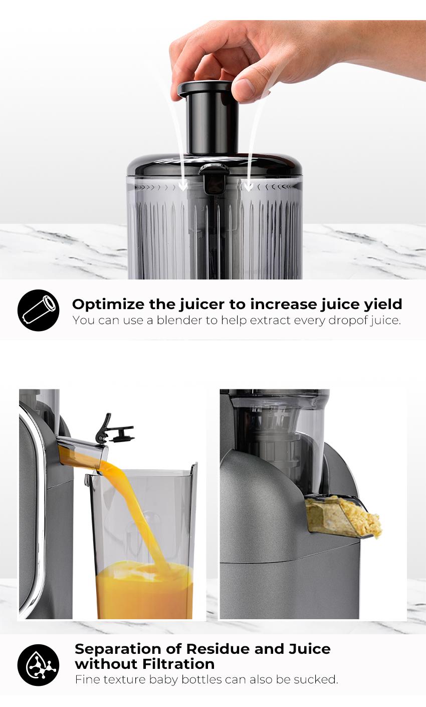 SUSTEAS Juicer Machine Cold Press Juicer 5.3 Inch Large Feed Opening Slow Masticating Machine High Yield Easy to Clean Whole Fruit Juicing