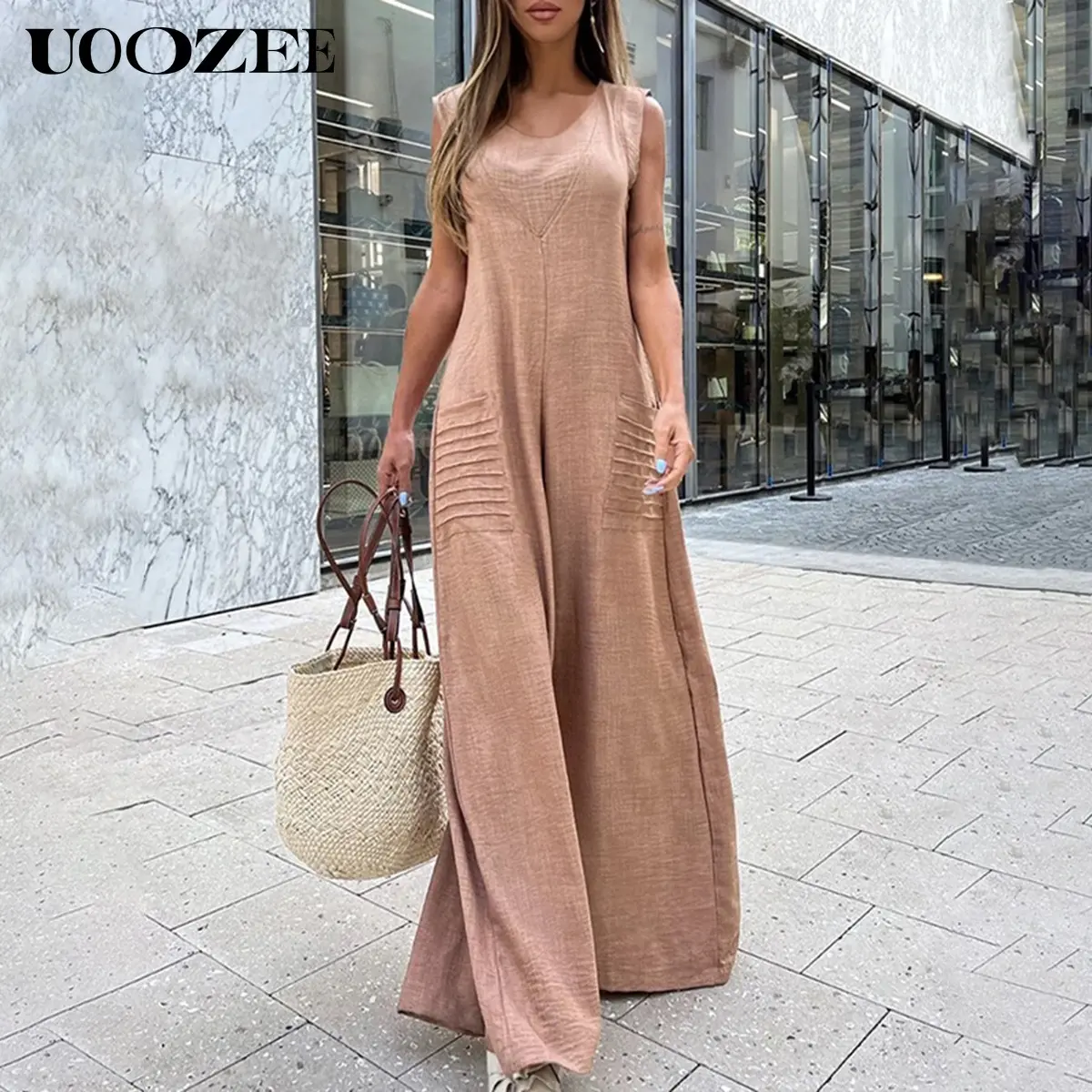 UOOZEE Women's Solid Linen Blend Jumpsuit, Casual Sleeveless Mock Neck Wide-Leg Overalls with Pockets for Everyday Wear, Basic, Round Neck, Piece, Style, Pants, Cotton, Fabric, Loose Fit, Pocketed