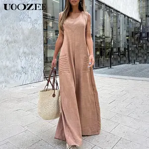 UOOZEE Women's Casual Solid Linen-Cotton Jumpsuit, Sleeveless Wide-Leg Loose-Fitting Design with Round Neck and Pockets