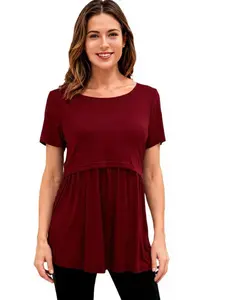 Women's Short Sleeve Nursing Top, Casual Plain Color Maternity Breastfeeding Shirt, Comfortable Home & Outdoors Wear, Maternity Clothing