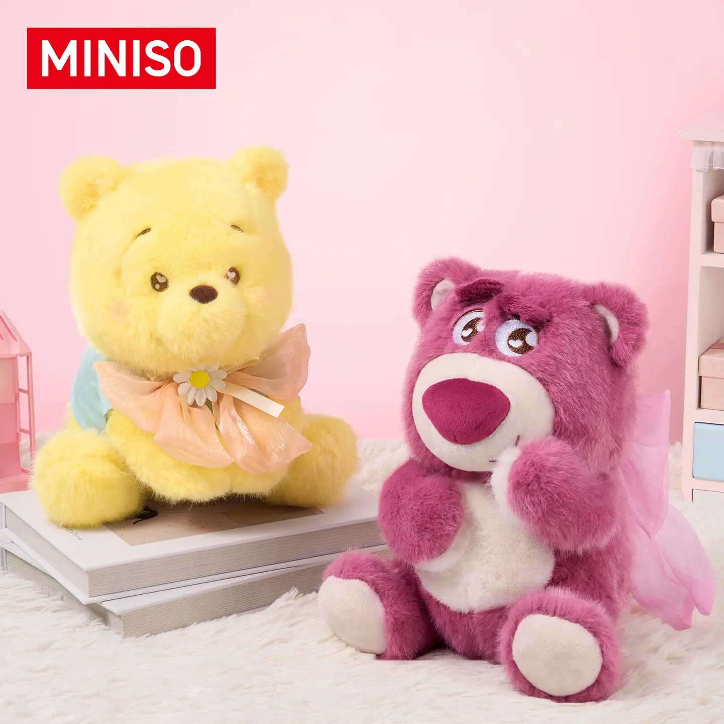 MINISO Winnie the Pooh & Lotso Bowknot Sitting Plush Doll - Pooh & Lotso Duo Cartoon Creature Stuffed Toys, Handmade Custom Dainty Cute Animal Aesthetic Soft Polyester Stuffed Collectibles with Natural Strawberry Fragrance, Gift for Collectors