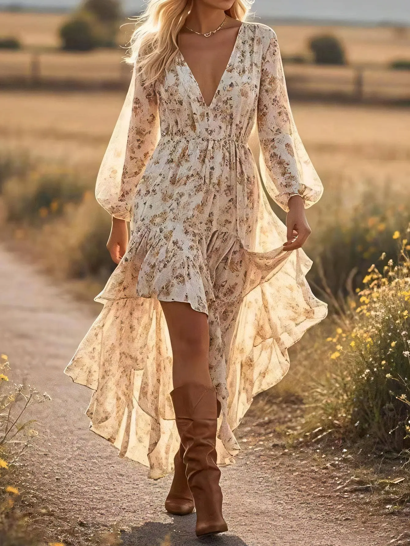 Women's Breathable Elastic V-Neck Floral Printed Boho Layered Dress with Sleeves - Festival Vibe Casual Apparel for Daily Wear, Modest, Lightweight