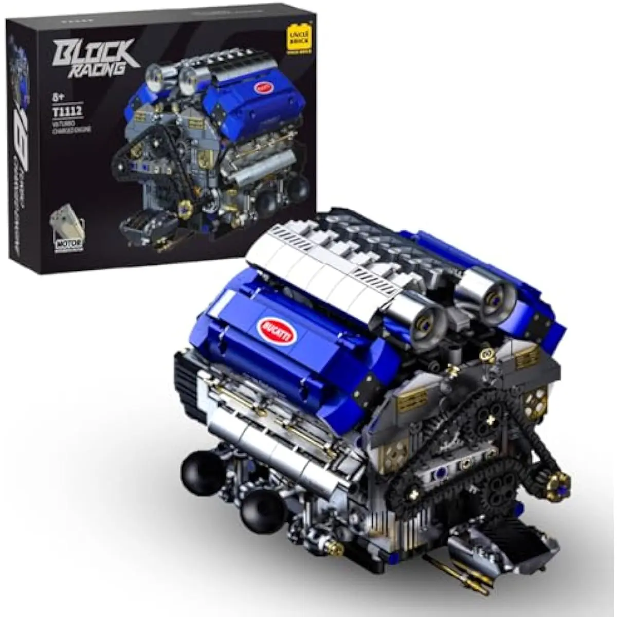 V8 Engine Model Building Kit Set - High-Quality Visible Mechanical Design, ABS Plastic, Battery-Powered Motor, Chain Drive, 1288pcs, Working Collectibles, STEM Workshop Uncle Brick Toy for 10+ Years Car Enthusiasts