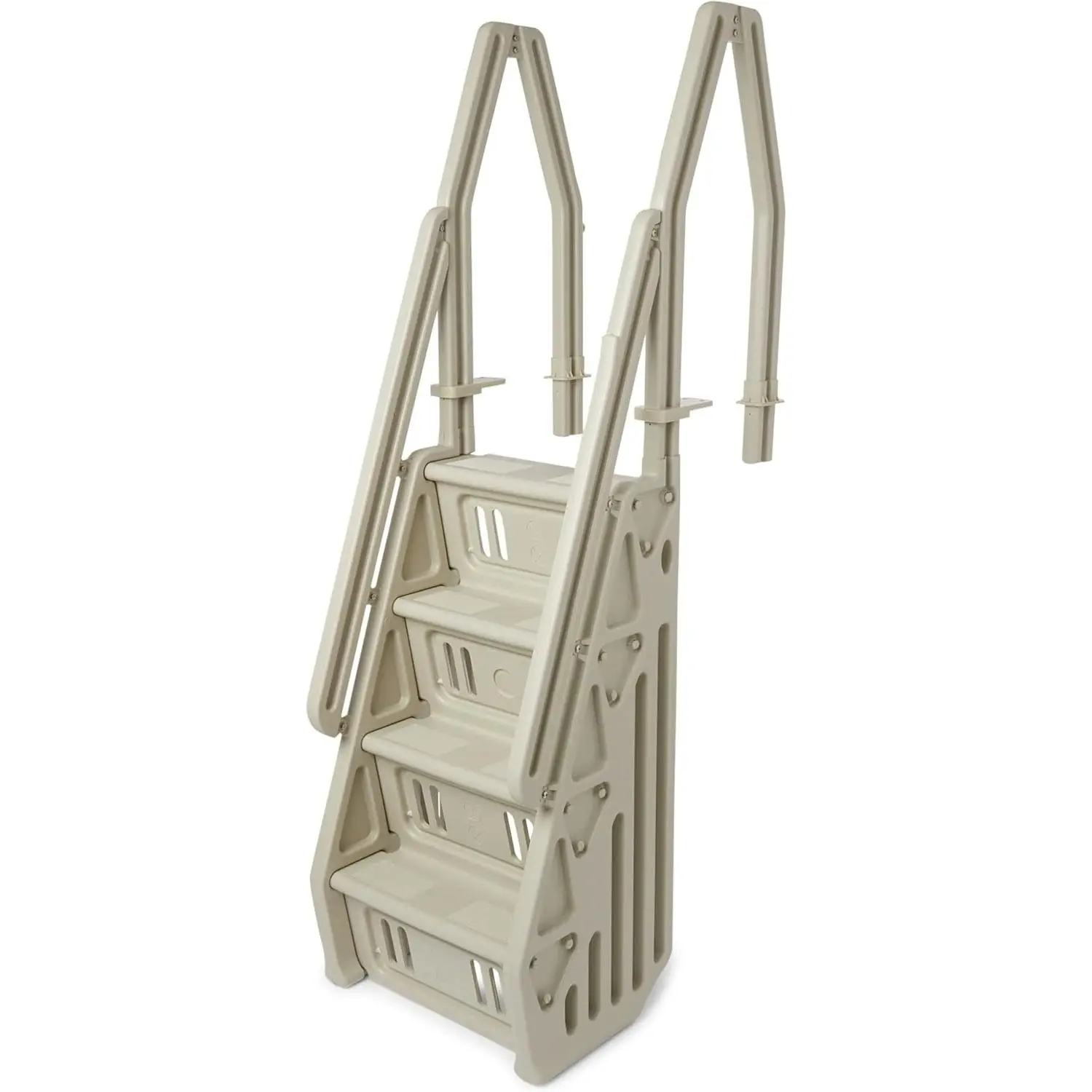 Vinyl Works Deluxe Adjustable 24 Inch Wide in Pool Step Ladder Entry System for Above Ground Swimming Pools with Non Slip Steps, Taupe