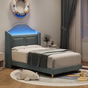Twin Bed Frame for Kids, Upholstered Velvet Platform Bed for Boys/Girls with Wingback, Storage Bookcase Headboard & LED Lights, No Box Spring Needed, Noise-Free, Easy Assembly, Blue