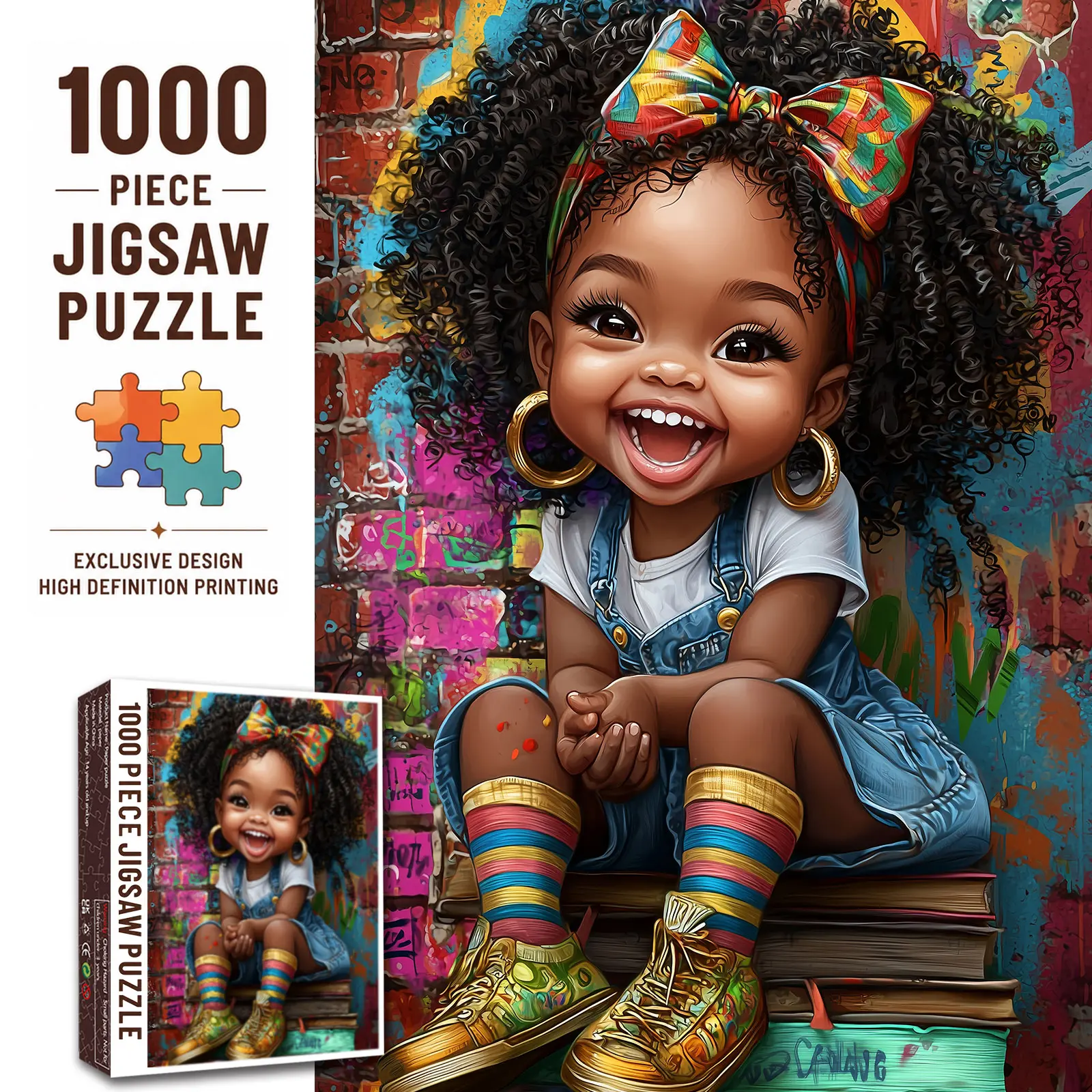 Walarky 1000-Piece Art Puzzle, Cute African American Girl Colorful Graffiti Portrait, Family Indoor Game, Stress-Relief Brain Challenge, Wall Decor, Gift for Women, 27.5x20in (70x50cm), Art Puzzles