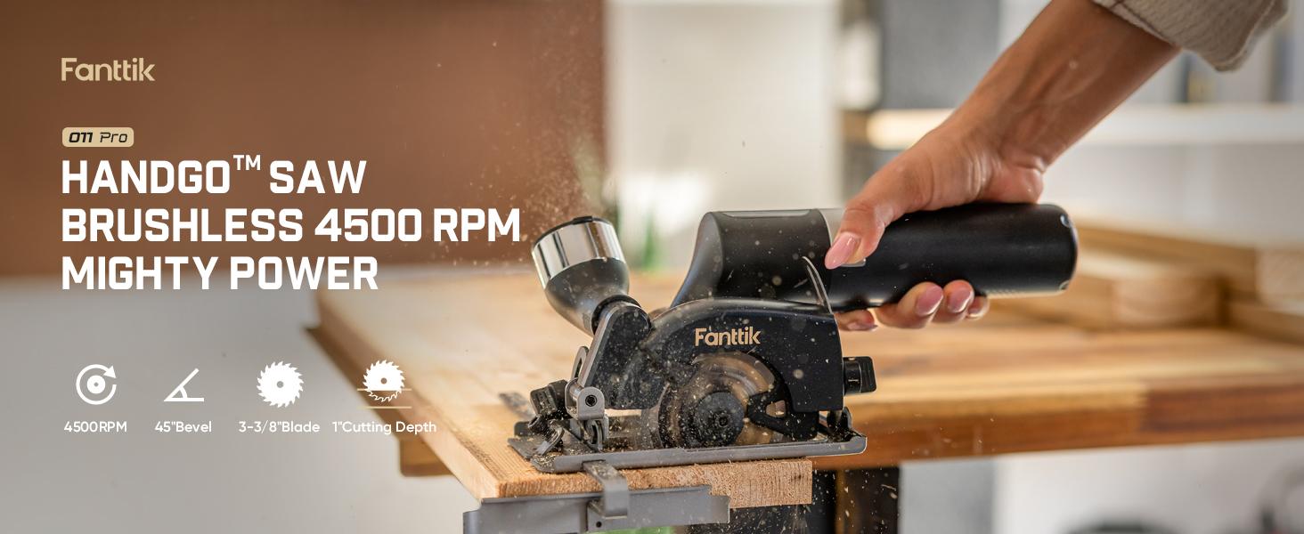 Fanttik O11 Pro Cordless Circular Saw Kit Set - 3-3/8 Inches, 4500RPM Brushless Motor, 1" Max Cutting Depth, 0-45° Bevel, Built-in Batteries, 2 Blades, Dust Port, Ideal for Cutting Wood, DIY Furniture, Home Renovation, Cordless Saw, Lithium Ion