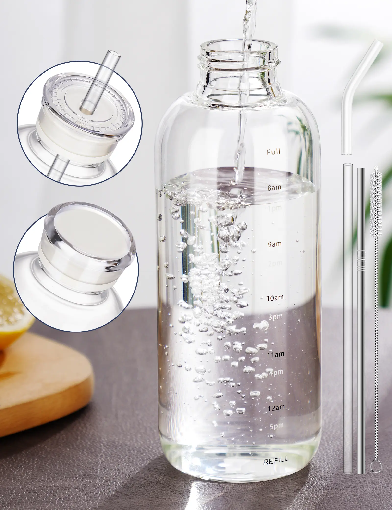 NiHome 25oz/750ml Clear Glass Water Bottle with 2 Caps & Stainless-Steel Straw, High Borosilicate Glass Drinkware Portable Tumbler Mug cup  lids