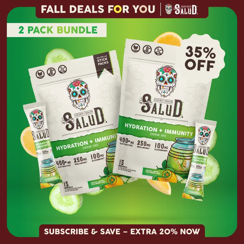 Salud 2-in-1 [Hydration + Immunity – Pepino Limón | Cucumber Lime Duo] Electrolytes Powder, Agua Fresca Drink Mix, Elderberry, Dairy & Soy Free, Non-GMO, Gluten Free, Vegan, Low Calorie, 1g Sugar (2-Pack, 30 Servings)