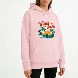 Oversized Printed Hoodie Sweatshirt for Men/Women, This is a retro summer-themed graphic with "Winter Sucks" text and tropical seaside scenery. Perfect For Festival Gifting