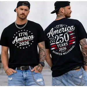 Women's Cotton Casual Short-Sleeve Customized 2026 America 250th Anniversary T-Shirt - 1776 Quarter-Millennial Flag Graphic Vintage Black Patriotic Gift for Americans