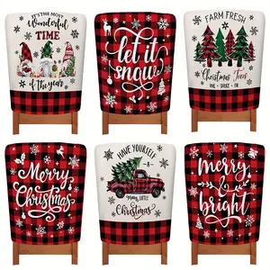 6pcs Farmhouse Christmas Chair Covers Red & Black Plaid - Gnome/Tractor/Merry Christmas Design Soft Plush Fabric - Easy-Clean Durable for Dining/Living Room Holiday Decor