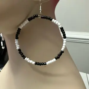 Medium Black and White Beaded Dangle Hoop Earrings - Colorful Beads, Round Shape, Casual Style, Perfect for Everyday Wear