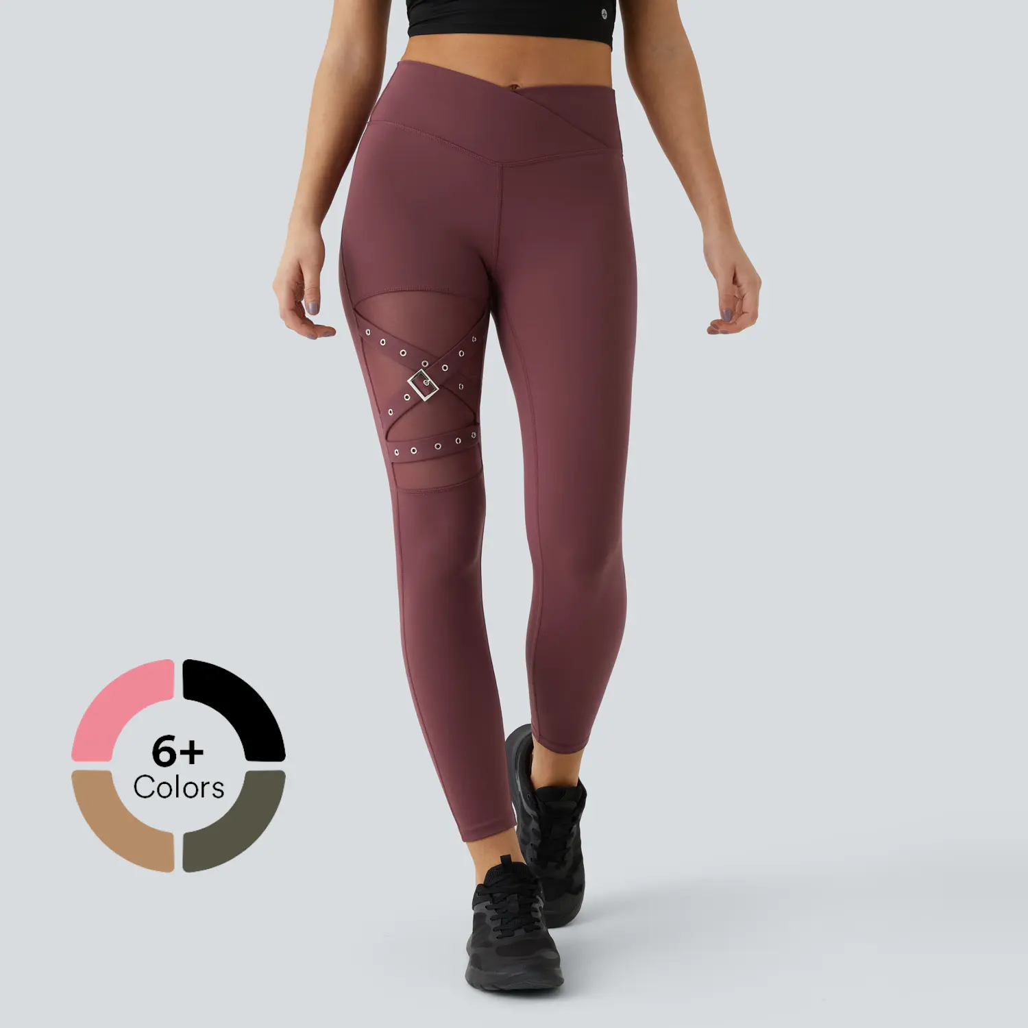 Halara High Waisted Crossover Contrast Mesh Decorative Buckle Yoga Leggings #BackToSchool