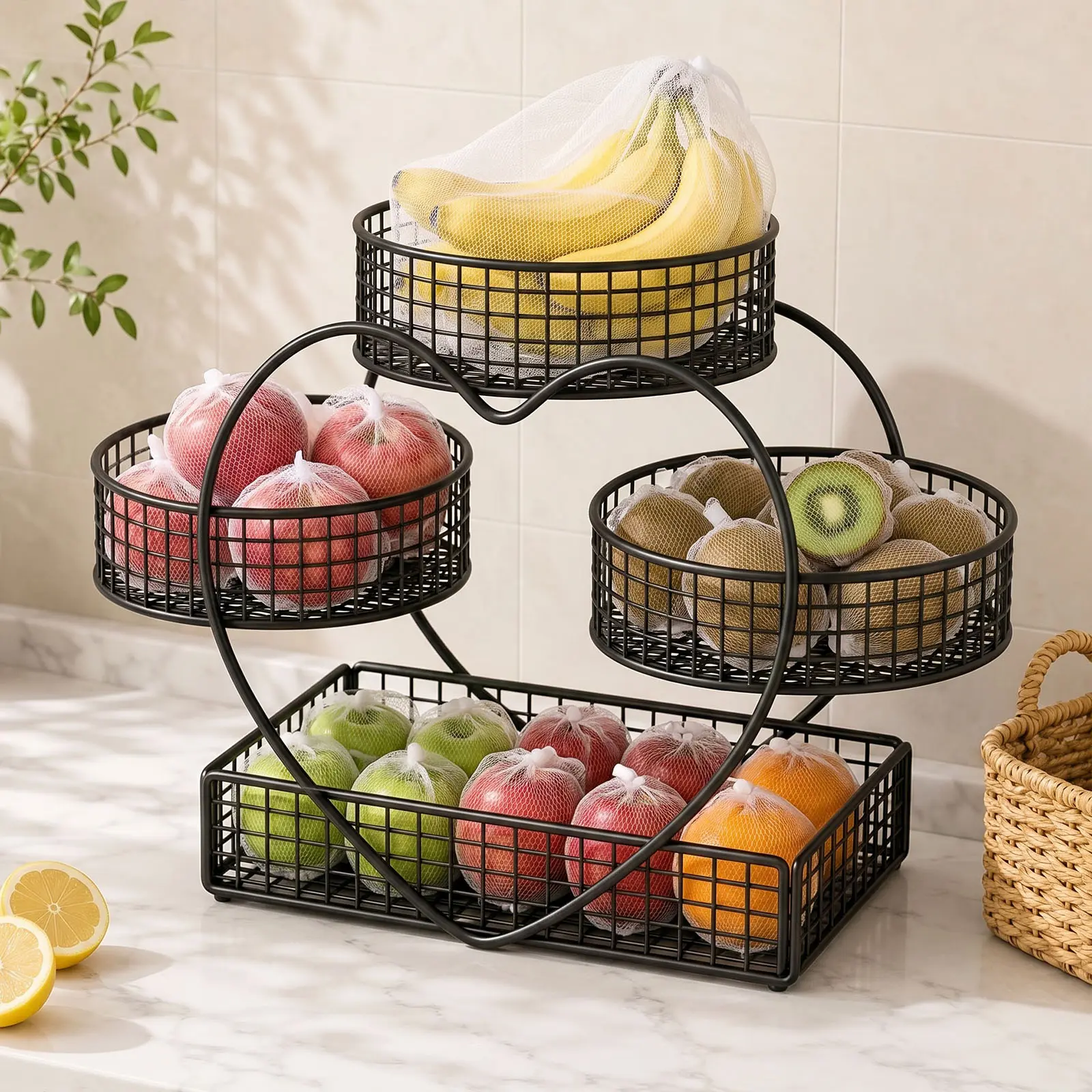 Decorative Multi-Layer Basket-Style Metal Fruit Storage Box - Rust-Proof, Breathable 3-In-1 Kitchen Preserving Container with Storage Bag, Ideal for Kitchen, Living Room Use & Bedroom Gifting