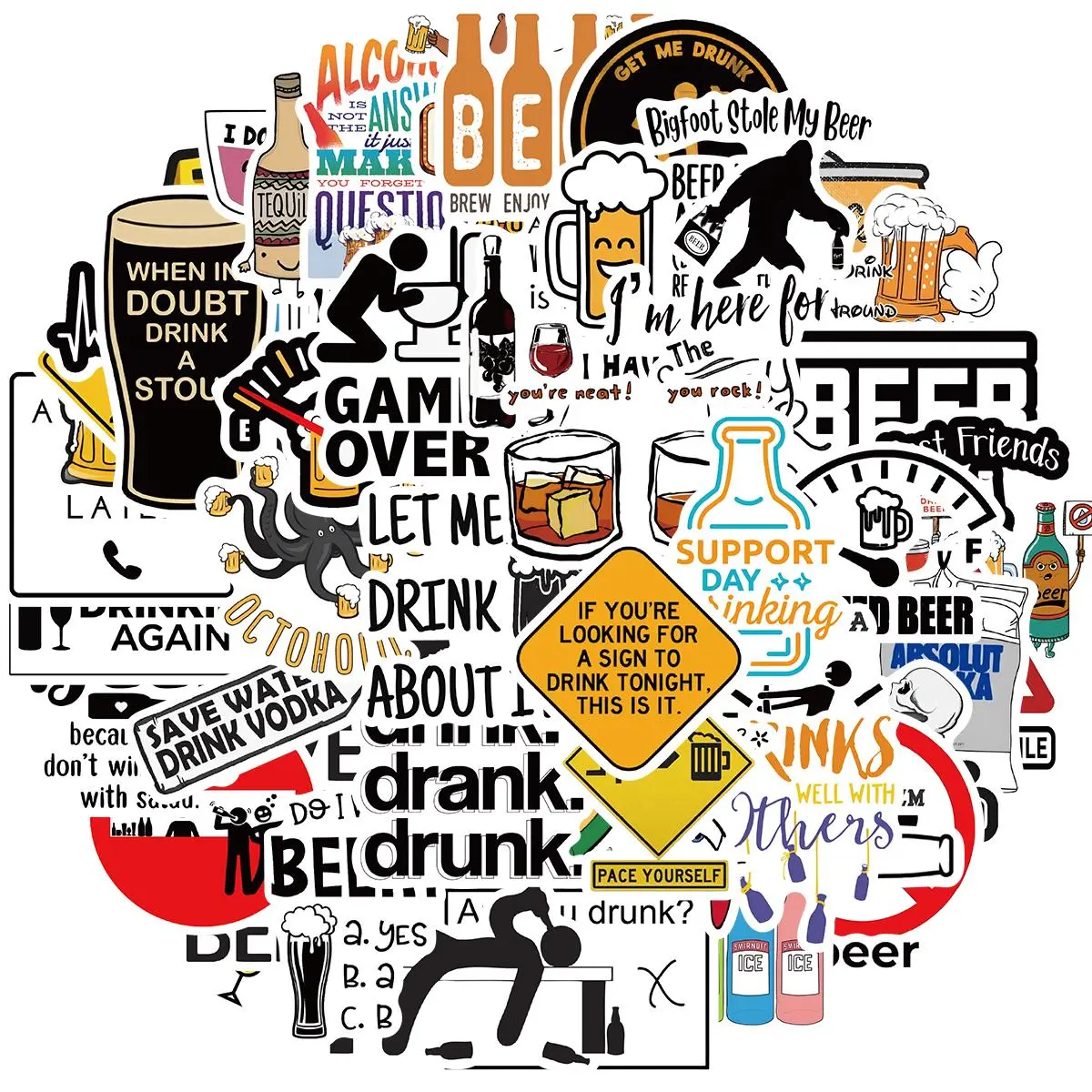 Funny Alcoholism Sticker, 50pcs/set Cartoon Intemperance Sticker, Drink Beer Sticker for Laptop Journaling