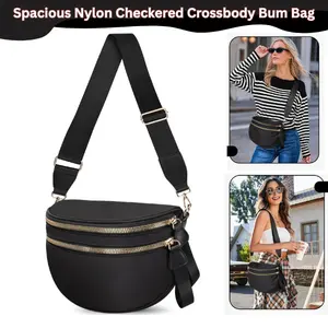 Women's Nylon Checkered Woven Bum Bag - Crossbody Fanny Pack with Adjustable Strap, Anti-Theft Pocket, Trendy Checkerboard Design, Ideal Travel Belt Bag Gift for Women