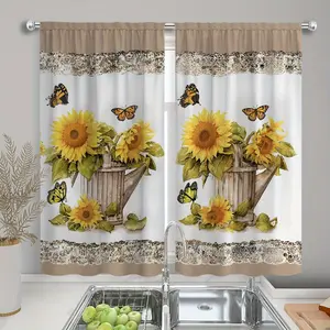 2D Flat, 2pcs Set, 2D Flat Printing, New Style Yellow Fashionable High-End Sunflower and Butterfly Pattern Decorative Windowsill Curtains, Suitable for All Seasons, Can Be Used in Farmhouses, Kitchens, Offices, Studies, Living Rooms casual home decor