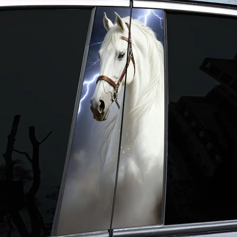 2Pcs White Horse Car B Pillar Sticker - Soft Light, Durable PVC Sticker, Car Pillar Sticker, For Vehicle Windows, Glass - Car Lovers Decoration, Car Sticker, Car Decals, Sticker For Cars, Automobile Decals, Decals For Vehicles
