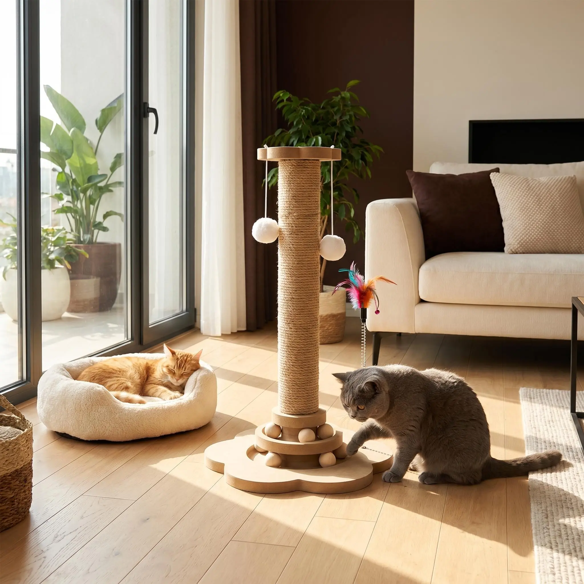 3-in-1 Cat Scratching Post with Turntable Toy & Feather Wand, Sisal Cat Scratcher Tower with Interactive Ball Track, Durable Cat Toy for Indoor Cats