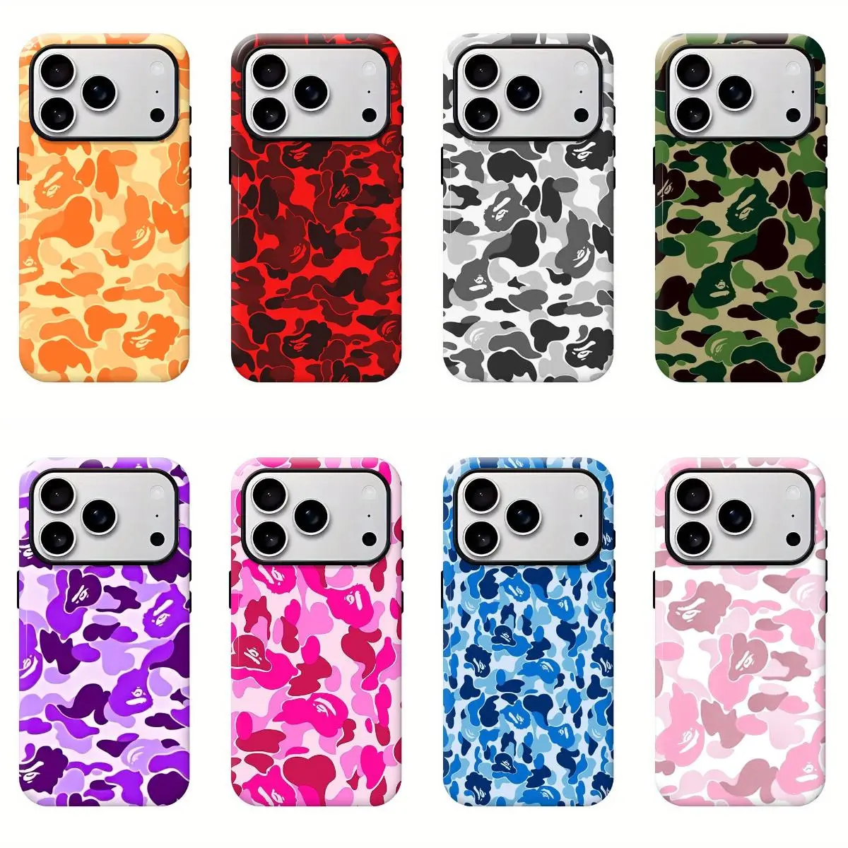 Bape Protective Camo Streetwear Phone CaseSuitable for iPhone 17/16/15/14/13/12/11 ProMax/Plus and Samsung Galaxy S23FE/22/23Impact Resistant Hard Case with ImpactDispersion Technology & Flexible Rubber LinerGlossy Finish UV Protected 2-Piece Design