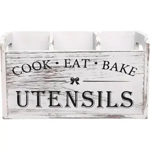 Extra Large Wooden Kitchen Utensil Holder, Farmhouse Rustic White Utensil Crock, Countertop Organizer for Cooking Tools Storage