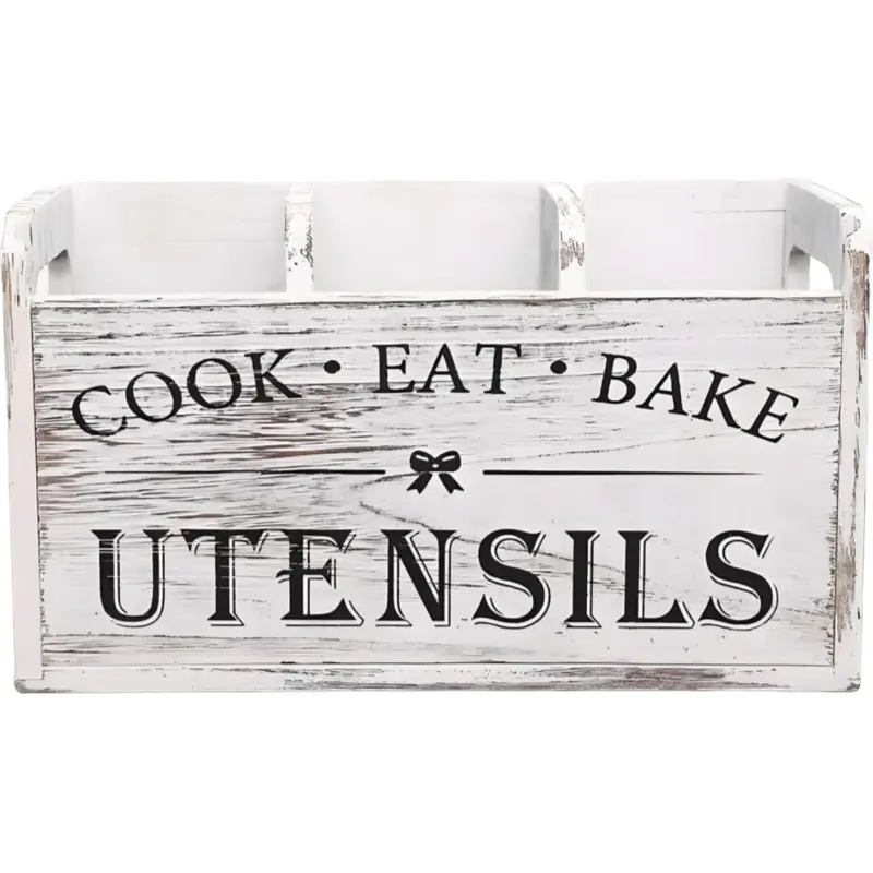 Extra Large Wooden Kitchen Utensil Holder, Farmhouse Rustic White Utensil Crock, Countertop Organizer for Cooking Tools Storage