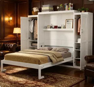 Queen Size White Murphy Bed with 2 Wardrobes & Storage Shelves, Multifunctional Foldable Bed Frame for Bedroom Guest Room Space Saving