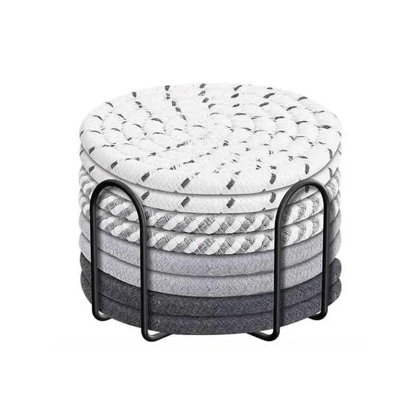 Round Woven Drink Coaster with Holder, 8 Counts/set Absorbent Coaster for Drinks, Cup Coasters, Kitchen Coasters, Tableware for Home Kitchen Dining Room