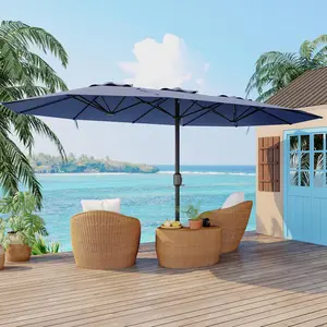 Garvee 15ft Double-Side Patio Pool Umbrella with Base Included, Large Heavy Duty Rectangular Outdoor Market Umbrella for Deck, Poolside, Lawn, Backyard in Navy Blue and Navy Red