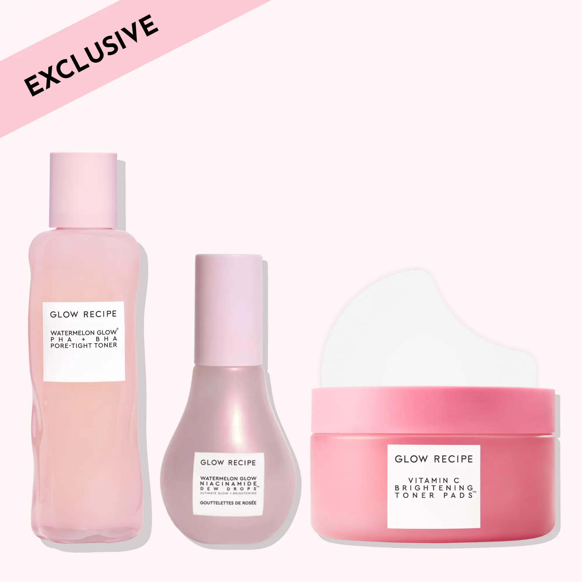 Glow Recipe Watermelon Gel Toner Pads - 115g Exclusive AM Skincare Bundle, AHA-Infused, Gentle, Pore-Tightening, Brightening, Calming, Hydrating, Vitamin C, Plant-Based, Cruelty-Free Korean Toner for Dry & Adult Skin Types (Glass Radiance, Skin Repair)