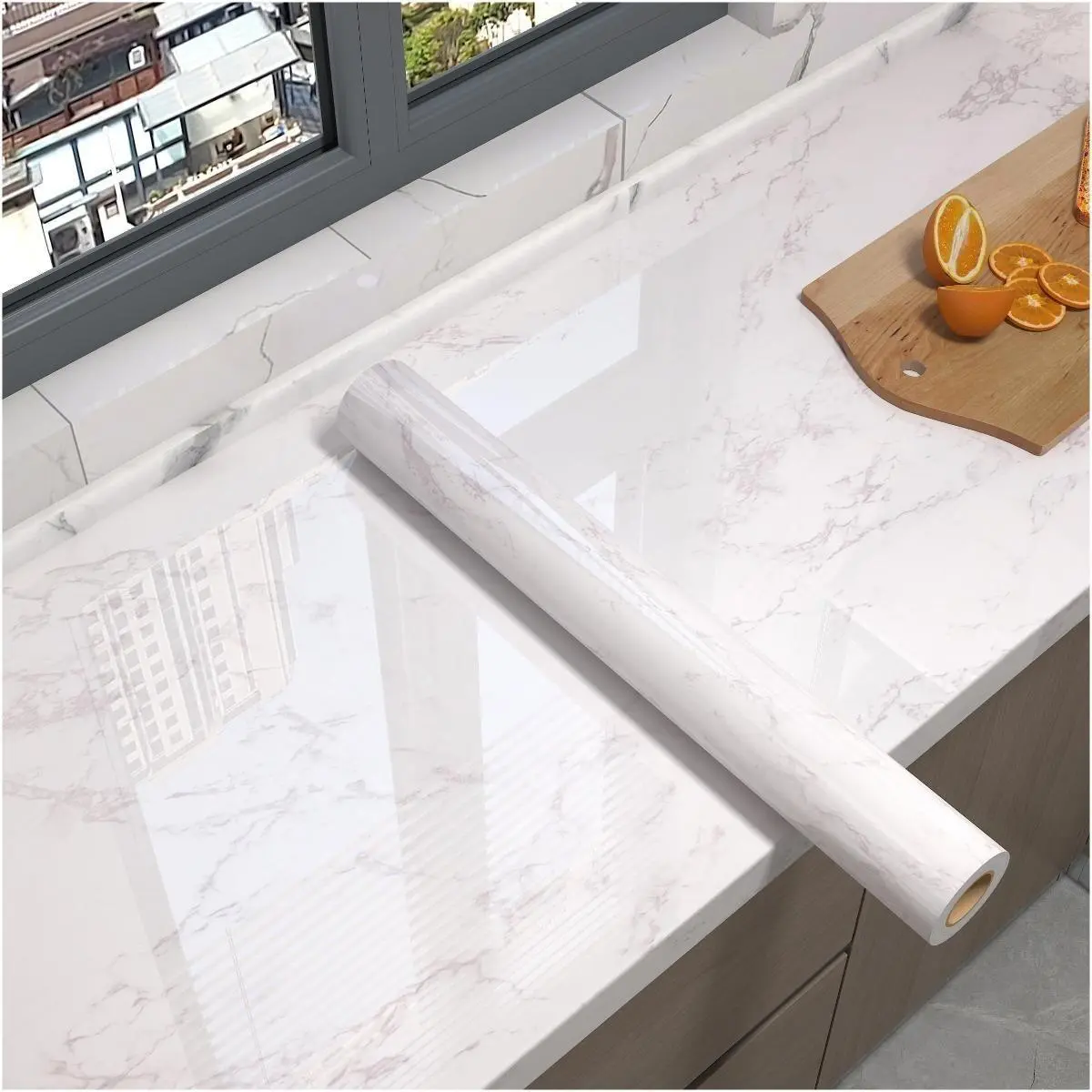 Glossy Dark Marble-Look Thick PVC Peel-Stick Contact Paper Roll, Fast Application, Removable, Waterproof Decorative Sticker with Thick PVC Durability for Kitchen Countertops, Room Decor, DIY Home Renovations, Peel‑Stick Fast