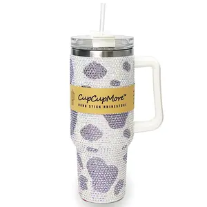 Cupcupmore 40oz Purple Cow Bling Rhinestone Vacuum Cup Double Wall Stainless Steel Insulated tumbler with handle,Leak-proof Lid & Straw Glitter Water bottled,Coffee Mug  Women,Keep Cold 12 Hours & Hot 6 Hours Drinkware Cup Travel Mug Portable Vacuum Flask