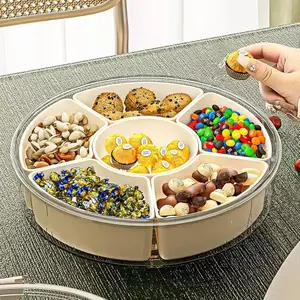 Divided Serving Tray with Lid and Handle, Stackable Snackle Box Container for Fruits Candy Organizer, Portable Spinning Rounded Veggie Tray for Kitchen, Party, Trave and Picnic-1 PACK