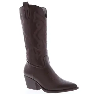 Elli Women's Cowgirl Western Boots Classic Brown Leather Chunky Heel for Casual Wear