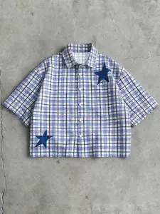Men's Short Plaid Shirt, Blue- Checkered Pattern, Deep Blue Star Patch, Y2K Streetwear Style, Lightweight Breathable Fabric