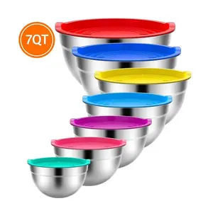 Mixing Bowls Set 7 Pieces Durable Stainless Steel Stackable with Tight Lids Perfect for Cooking Baking & Meal Prep 7QT Capacity