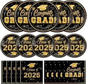 150 Pcs Graduation Plates and Napkins 2025 - Black Gold Congrats Grad Class of 2025 Paper Dessert Dinner Plates Napkins Set for Graduation Party Decorations Supplies Table Decor, Serves 50