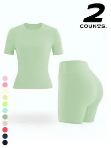 New Women's Sportswear Set Short Sleeve Top + Shorts Combo, Slim-Fitting Summer for Yoga, Gym, Outdoor Sports, Casual Wear, Matching Workout Set