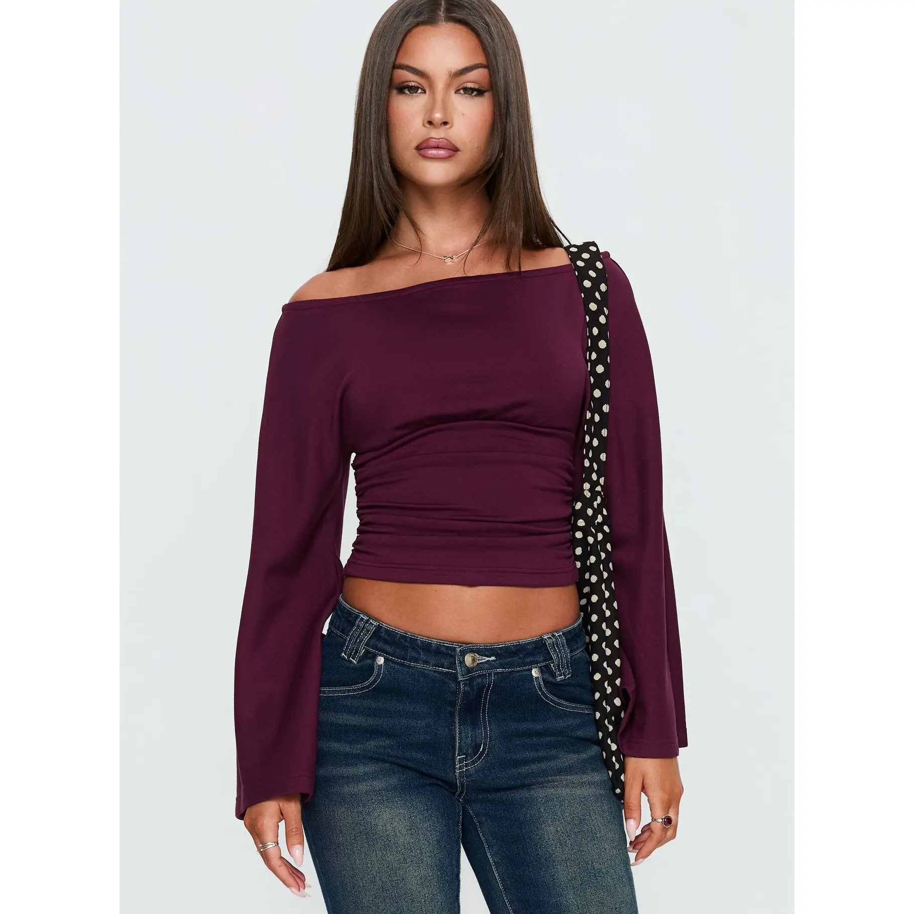 Anastasie Off Shoulder Long Sleeve Top Deep Red