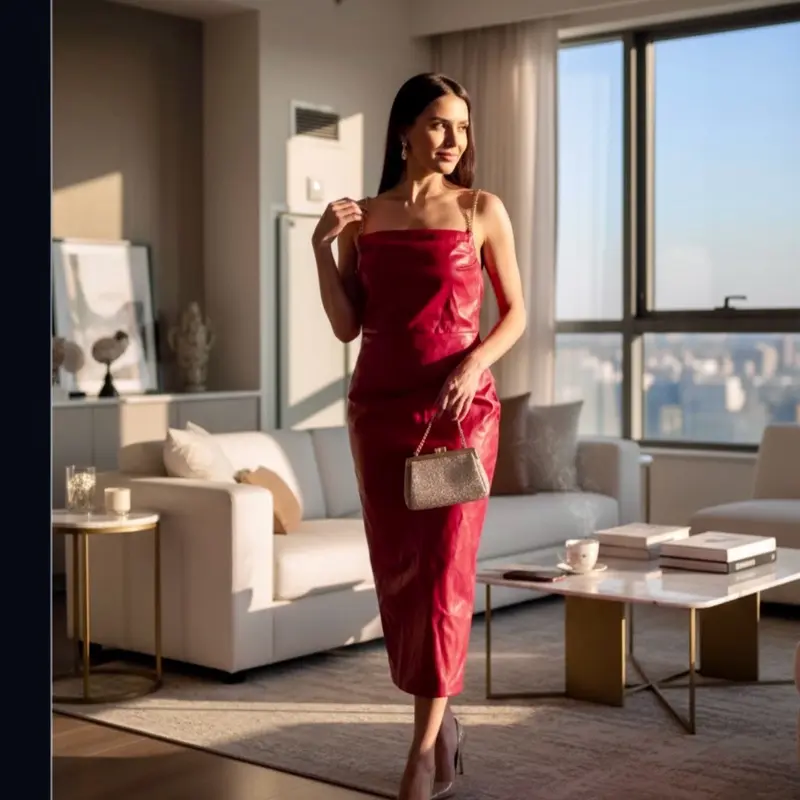 Elegant Leather Red Dress for Women Evening Wear - Sophisticated Design Perfect for Special Occasions