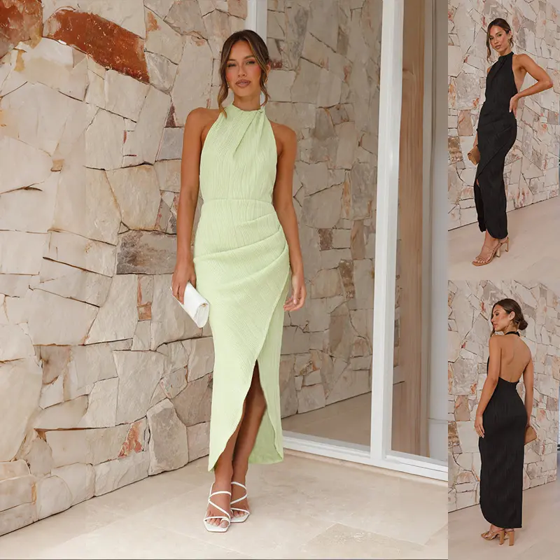 Women's High-End Cross Halter Open Back Long Formal Dress - Summer Fitted Sleeveless, High-Waist, Hip-Enhancing, Comfortable Solid Polyester Zipper Fabric for Dress Up, Party Wear, Fitted Sleeveless Party Dresses