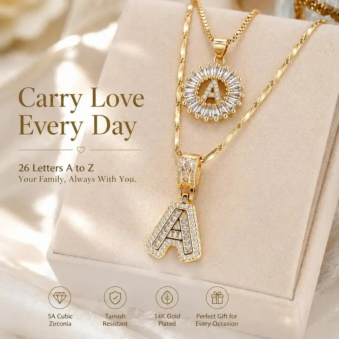 2 Pack 14K Gold Plated CZ Necklaces for Women, 26 Letters for Personalized Custom Name, Couple Jewelry Set, Perfect for Birthday & holiday Gifts, Ideal for Banquets, Parties and Daily Wear, Great Gift for Friends, Family,whimsical jewelry