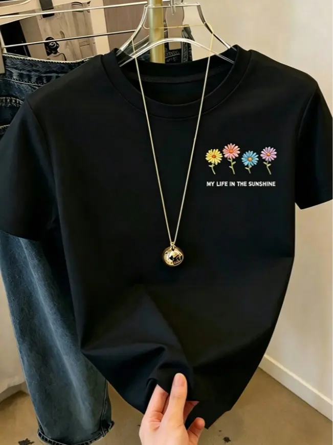 Cheerful Fresh Daisy Floral Graphic Tee Daily City Walk Coffee Meetup Outfit Soft Cotton Women Summer Short Sleeve T-Shirt