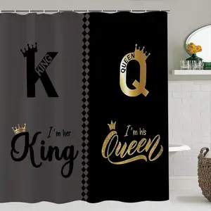 Creative King & Queen Couple Shower Curtain Set, Bathroom Curtain, I'm Her King I'm His Queen, Includes Hooks and Mat
