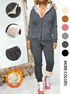 2-Piece Casual Fleece-Lined Hooded Sweatshirt Outfit Set, Zipper Jacket & Long Pants, Fall & Winter Fashion, Regular Fit, Fitted, Plain Pattern, Womenswear