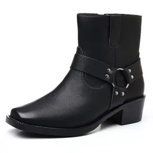 Men's Vintage Harness Ankle Boots with Metal O-Ring Strap. Rugged Western Biker Boots. Stylish Block Heel Motorcycle Shoes for Country Concerts, Riding & Everyday Wear